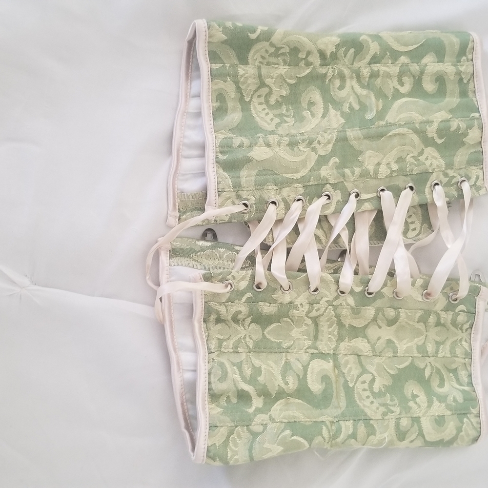 Corset size S green floral spring silky cream sexy lace up bustier